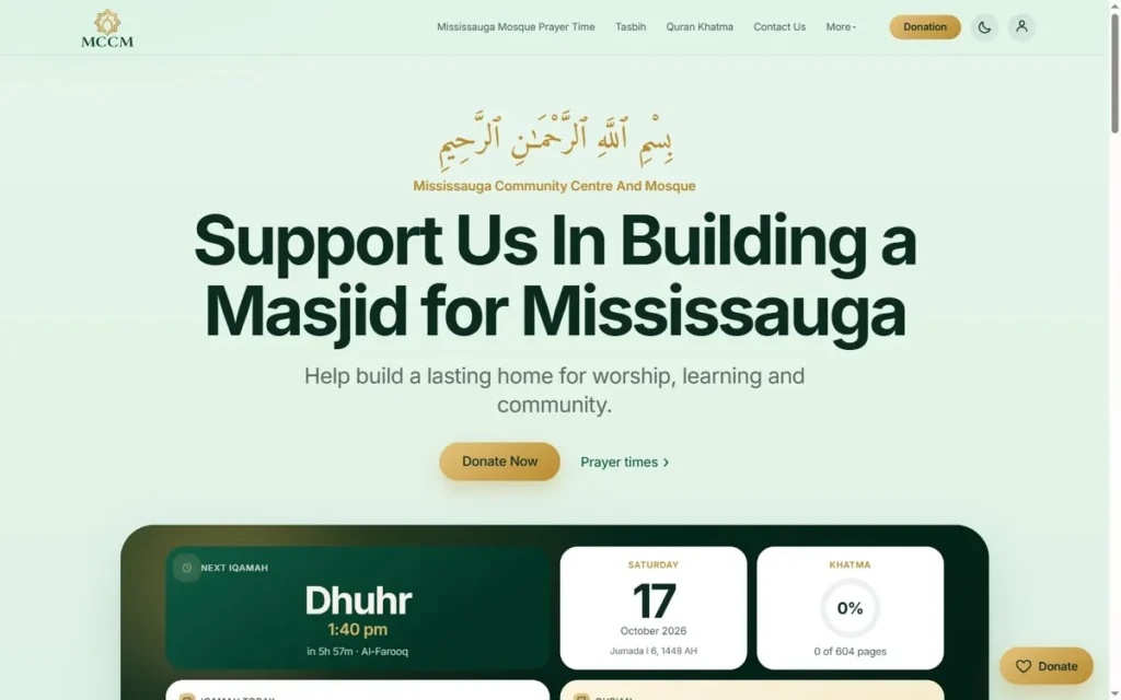 MCCM: a community web app for a new masjid in Mississauga website