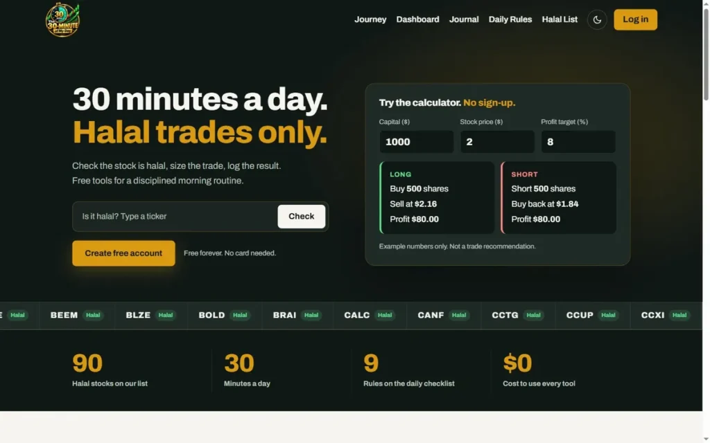 my30min.com: a free halal day-trading toolkit, built as a custom web app website